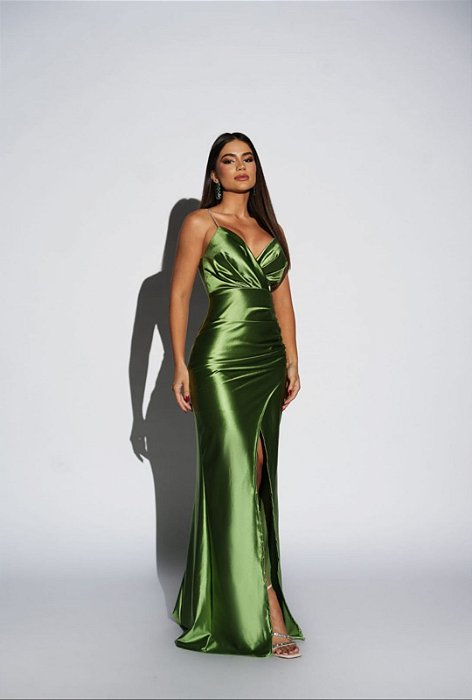 VESTIDO LONGO PRADA ALÇA FINA COM BRILHO DETALHE BUSTO FENDA LATERAL VERDE OLIVA