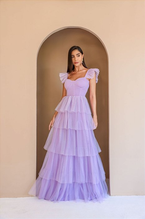 VESTIDO LONGO MICROTULE ESTILO CORPETE SAIA E ALÇA COM DETALHE EM CAMADAS LILÁS DOT