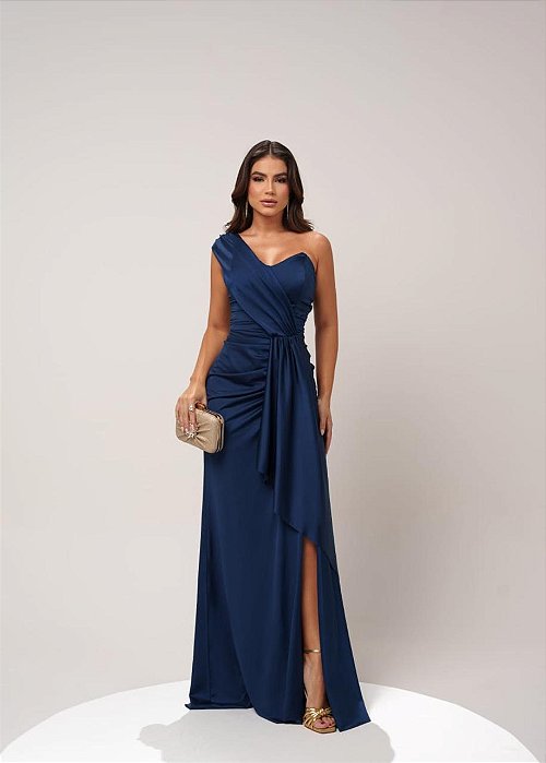 VESTIDO LONGO JERSEY COM ELASTANO UM OMBRO SÓ DETALHE COM FENDA LATERAL AZUL MARINHO
