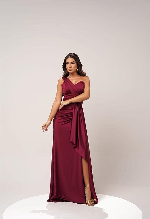 VESTIDO LONGO JERSEY COM ELASTANO UM OMBRO SÓ DETALHE COM FENDA LATERAL MARSALA