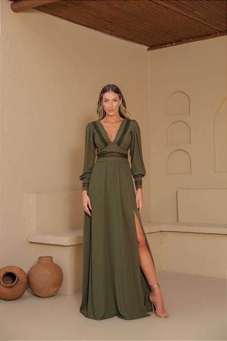 VESTIDO LONGO CHIFFON COM DETALHES EM RENDA MANGA LONGA VERDE MILITAR