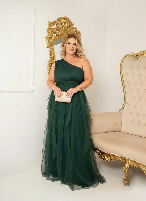 VESTIDO LONGO MICROTULE UM OMBRO SÓ PALA CINTURA SAIA EM CAMADAS VERTICAIS VERDE PETROLÉO