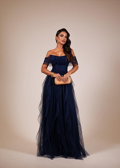 VESTIDO LONGO MICROTULE OMBRO A OMBRO PALA CINTURA SAIA COM BABADOS ASSIMÉTRICOS AZUL MARINHO