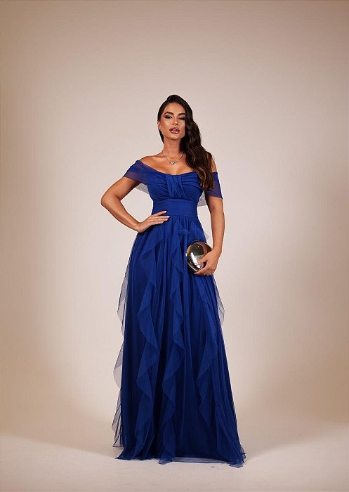 VESTIDO LONGO MICROTULE OMBRO A OMBRO PALA CINTURA SAIA COM BABADOS ASSIMÉTRICOS AZUL ROYAL