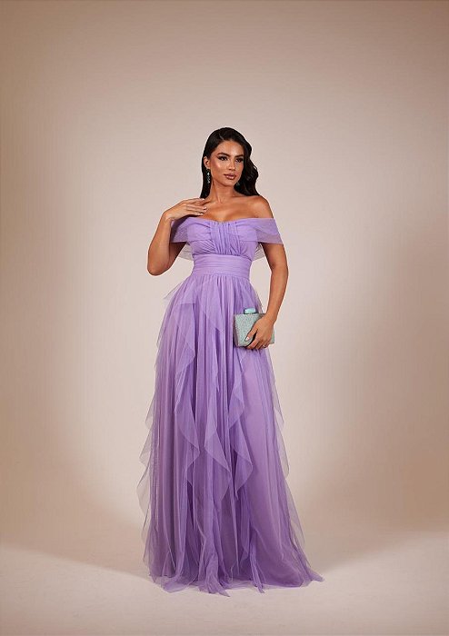VESTIDO LONGO MICROTULE OMBRO A OMBRO PALA CINTURA SAIA COM BABADOS ASSIMÉTRICOS LILÁS