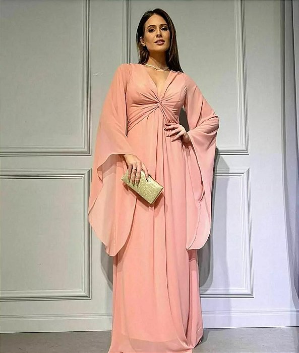 VESTIDO LONGO CHIFFON MANGA LONGA CAPA DETALHE BUSTO ROSA BEBÊ