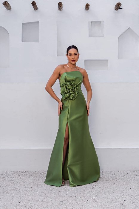 VESTIDO LONGO ZIBELINE TOMARA QUE CAIA FLOR REMOVÍVEL FENDA LATERAL VERDE OLIVA