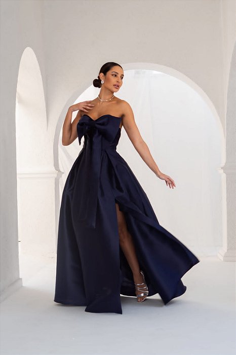 VESTIDO LONGO ZIBELINE TOMARA QUE CAIA LAÇO BUSTO REMOVÍVEL FENDA LATERAL AZUL MARINHO