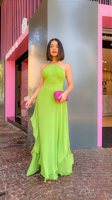 VESTIDO LONGO CHIFFON FRENTE UNICA SAIA C/DETALHE DE BABADO VERDE LIMA