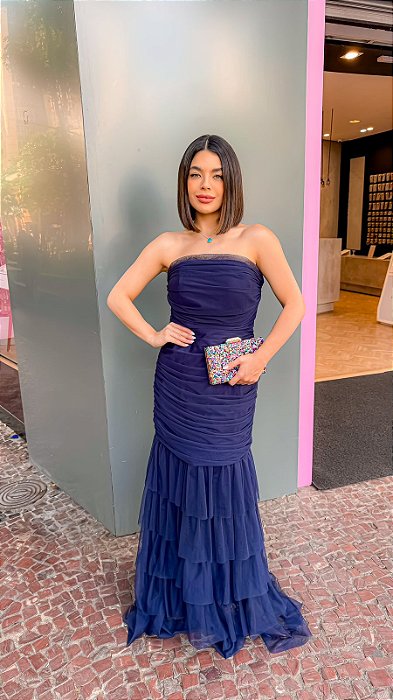 VESTIDO LONGO MICROTULE TOMARA QUE CAIA ESTILO SEREIA SAIA EM CAMADAS AZUL MARINHO