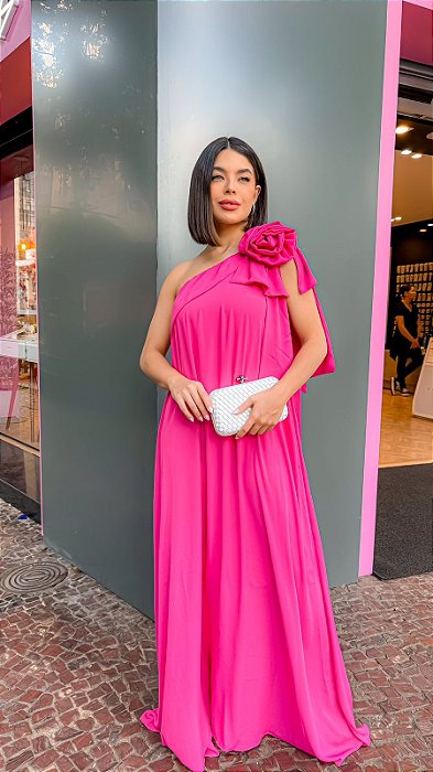 VESTIDO LONGO CREPE DE SEDA UM OMBRO SÓ COM LAÇO/FLOR PINK