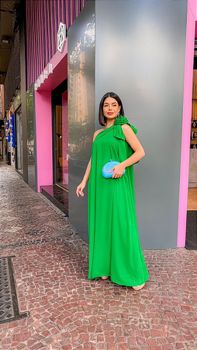 VESTIDO LONGO CREPE DE SEDA UM OMBRO SÓ COM LAÇO/FLOR VERDE BANDEIRA