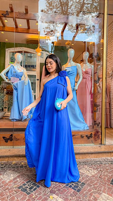 VESTIDO LONGO CREPE DE SEDA UM OMBRO SÓ COM LAÇO/FLOR AZUL ROYAL