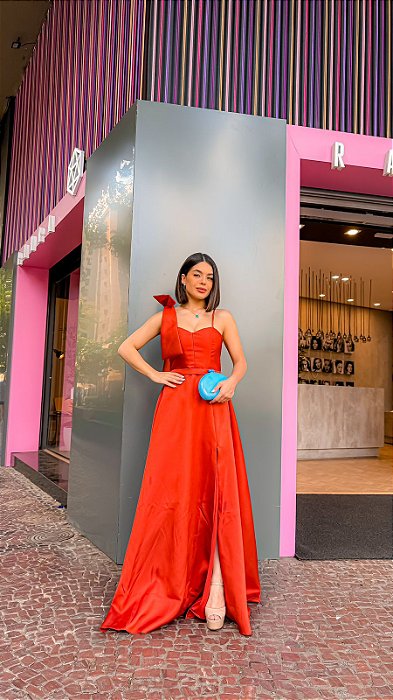 VESTIDO LONGO ZIBELINE ALÇA FINA C/LAÇO REMOVÍVEL CINTO FENDA LATERAL TERRA COTA