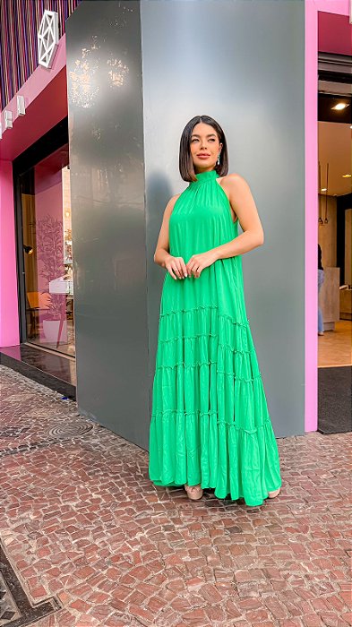 VESTIDO LONGO CREPE GOLA ALTA SAIA COM BABADOS FAIXA DE AMARRAÇÃO VERDE BANDEIRA