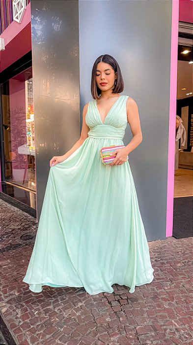 VESTIDO LONGO CREPE ALÇA LARGA PALA CINTURA DECOTE V VERDE TIFFANY