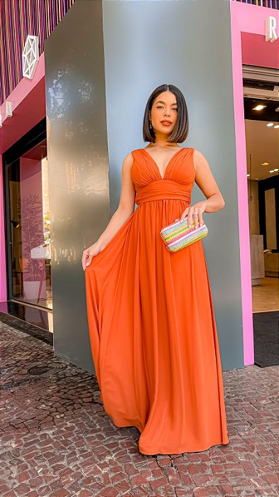 VESTIDO LONGO CREPE ALÇA LARGA PALA CINTURA DECOTE V TERRA COTA
