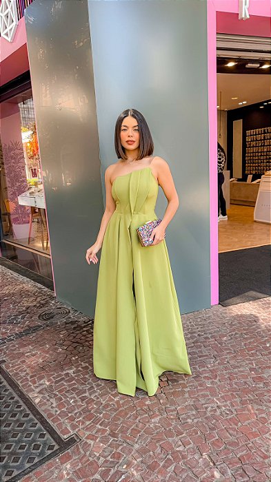 VESTIDO LONGO UM OMBRO SÓ COM DETALHES DRAPEADO NO BUSTO VERDE
