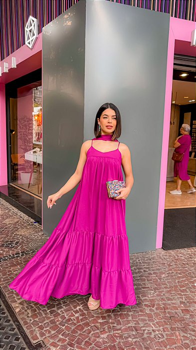 VESTIDO LONGO CREPE SAIA COM DETALHE DE BABADO FAIXA AMARRAÇÃO FUCSIA