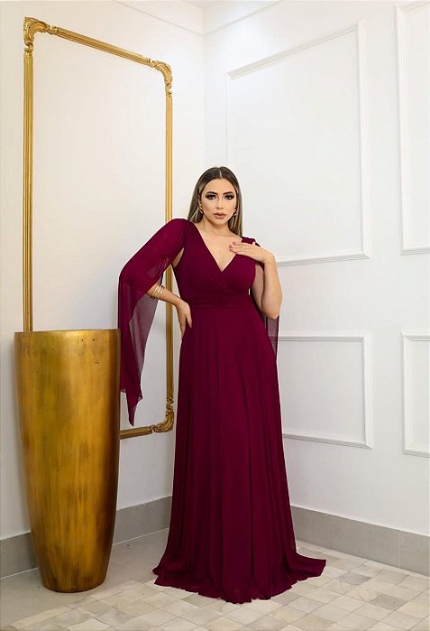VESTIDO LONGO MICROTULE MANGA CAPA DECOTE TRANSPASSADO MARSALA