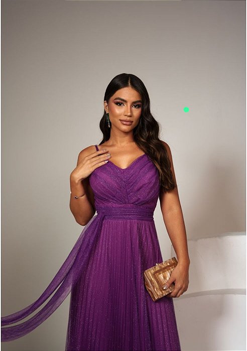 VESTIDO LONGO PLISSADO LUREX ALÇA FINA ROXO
