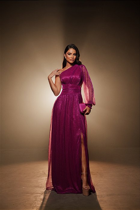 VESTIDO LONGO OMBRO SO RECORTE CINTURA LUREX BIA FUCSIA
