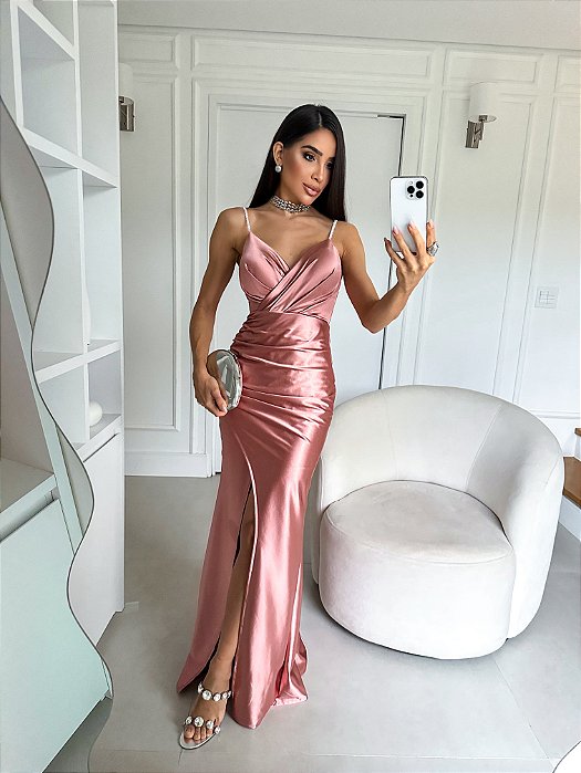 VESTIDO LONGO CETIM COM ELASTANO BUSTO DRAPEADO ALÇA COM BRILHO FENDA LATERAL ROSA BEBE
