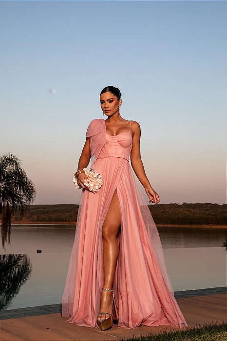 VESTIDO LONGO MICROTULE ALÇA FINA ESTILO CORPETE LAÇO ROSA CLARO AF