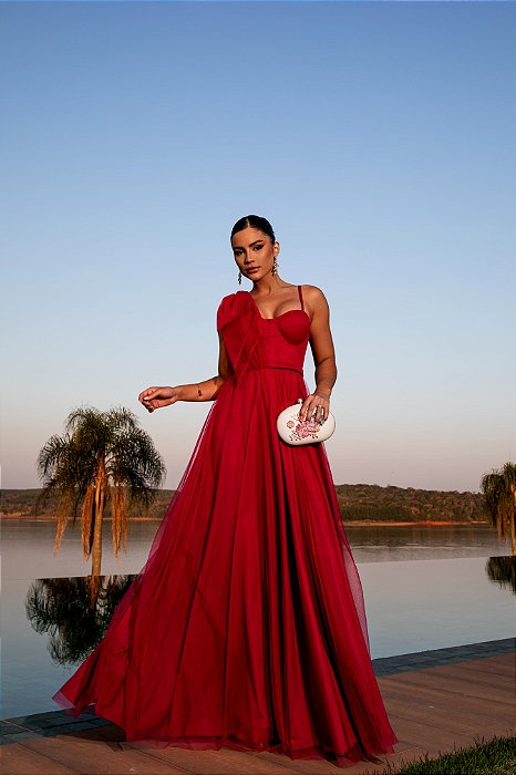 VESTIDO LONGO MICROTULE ALÇA FINA ESTILO CORPETE LAÇO FUCSIA AF