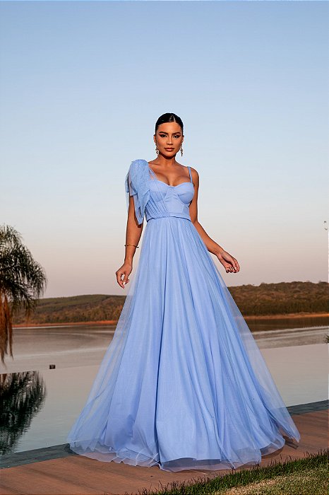 VESTIDO LONGO MICROTULE ALÇA FINA ESTILO CORPETE LAÇO AZUL SERENITY AF