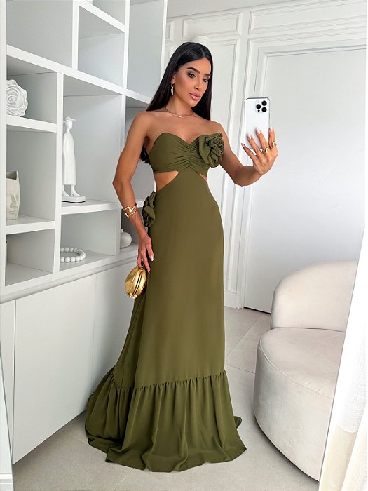 VESTIDO LONGO CHIFFON TAMARA QUE CAIA COM FLOR VERDE OLIVA RECORTE LATERAL JML