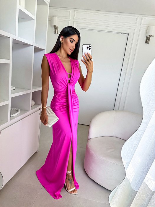 VESTIDO LONGO TRIBAL  DECOTE BAIXO   FAIXA E FENDA FRONTAL PINK