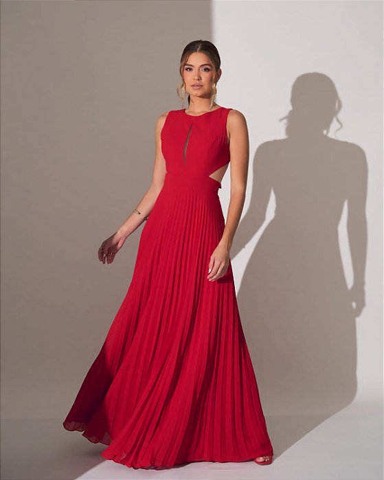 VESTIDO LONGO CHIFFON PLISSADO VAZADO NAS LATERAIS SAIA PLISSADA PINK BN