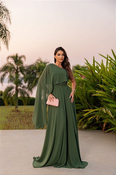 VESTIDO LONGO CHIFFON MANGA CAPA UM OMBRO SÓ FAIXA ACINTURADA VERDE OLIVA AX