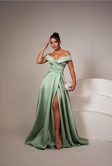 VESTIDO LONGO ZIBELINE DECOTE TRANSPASSADO FAIXA NA CINTURA E FENDA VERDE CLARO AX