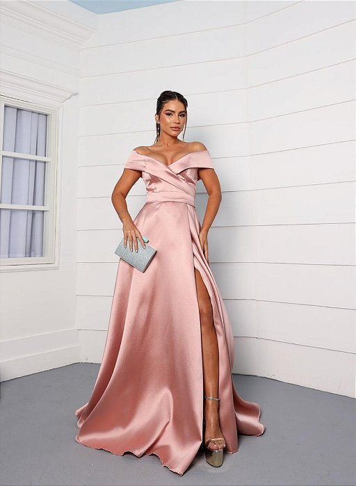 VESTIDO LONGO ZIBELINE DECOTE TRANSPASSADO FAIXA NA CINTURA E FENDA ROSÊ AX