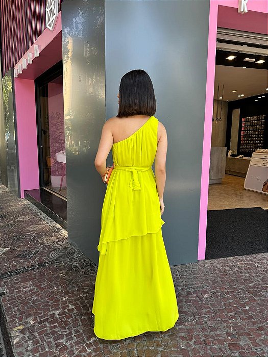 VESTIDO LONGO CHIFON COM TOQUE DE SEDA OMBRO SÓ COM DETALHE PESCOÇO CAM AZUL COBALTO