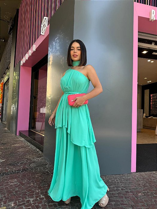 VESTIDO LONGO CHIFON COM TOQUE DE SEDA OMBRO SÓ COM DETALHE PESCOÇO CAM TIFANNY