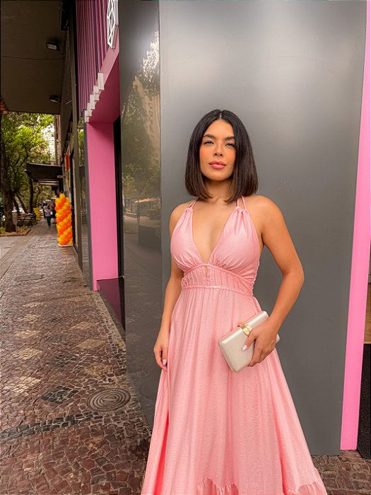 VESTIDO LONGO CREPE DECOTE V DETALHE GOTA COM AMARRAÇÃO ROSÊ CAM