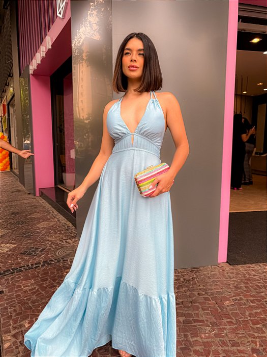 VESTIDO LONGO CREPE DECOTE V DETALHE GOTA COM AMARRAÇÃO AZUL SERENITY CAM