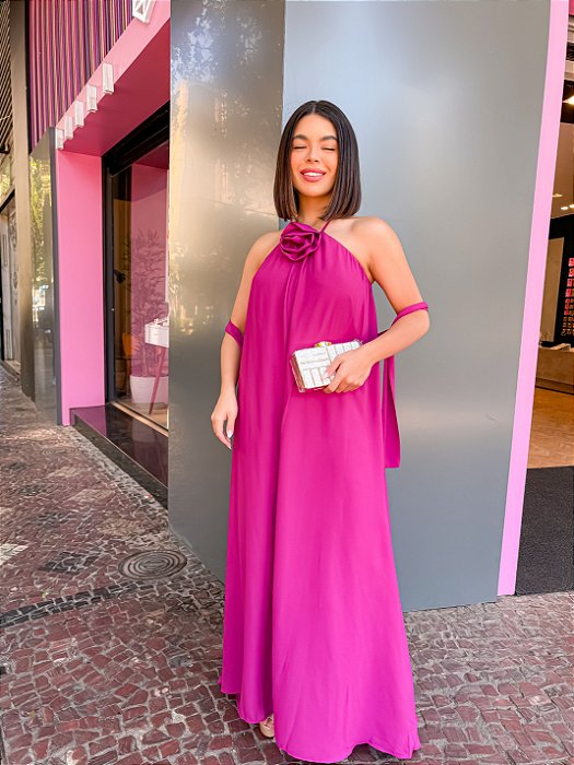 VESTIDO LONGO CHIFFON FRENTE ÚNICA FLOR REMOVÍVEL E FAIXA SHE PINK