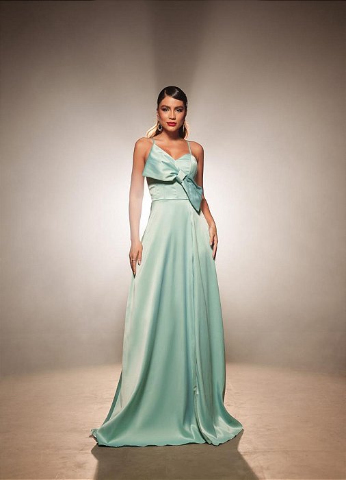 VESTIDO LONGO ZIBELINE ALÇA FINA LAÇO BUSTO FENDA LATERAL VERDE TIFFANY