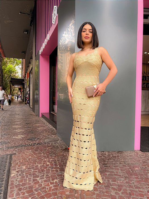 VESTIDO LONGO BANDAGEM ALÇA DOURADO