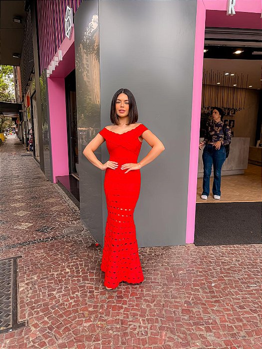 VESTIDO LONGO BANDAGEM OMBRO A OMBRO VERMELHO