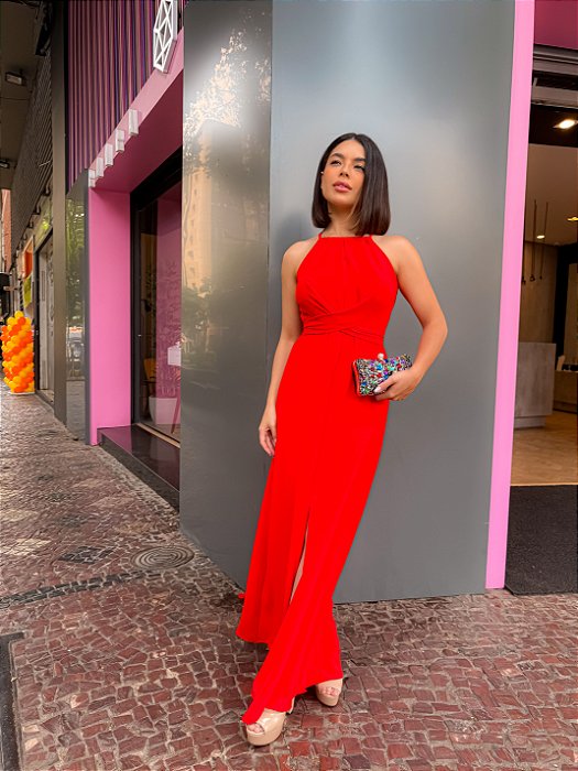 VESTIDO LONGO CREPE FRENTE ÚNICA GOTA CINTURA TRANSPASSADA FENDA FRONTAL CORAL