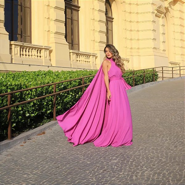 VESTIDO LONGO CHIFFON GOLA ALTA COM CAPA PINK SHE