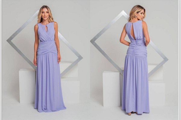 VESTIDO LONGO CREPE DECOTE GOTA DRAPEADO CINTURA LILAS PADR