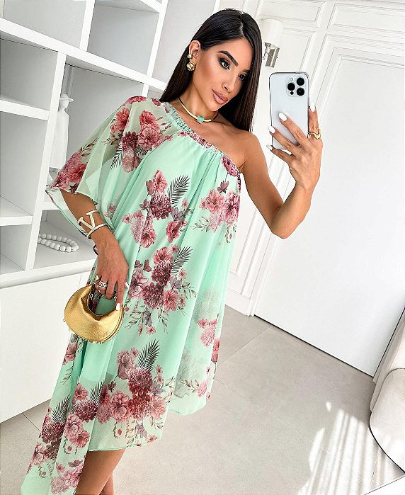 VESTIDO CURTO CHIFFON UM OMBRO SÓ ASSIMÉTRICO VERDE FLORAL CAM