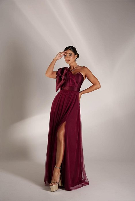 VESTIDO LONGO MICROTULE C/ACETINADO ESTILO CORPET MARSALA