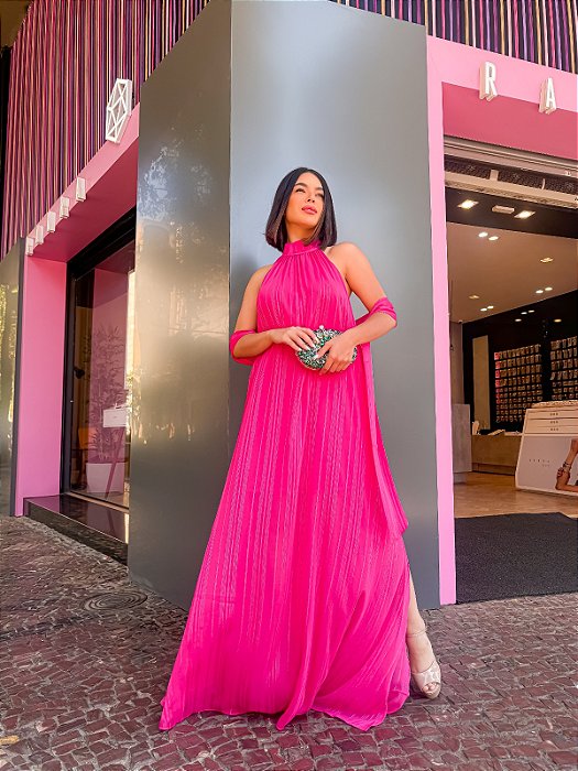 VESTIDO LONGO CHIFFON FRENTE ÚNICA LISTRA GLITTER COM FAIXA PINK